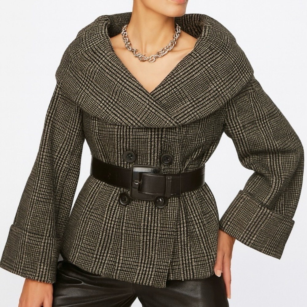 Zara Jacket Heritage Plaid Wool Blend Blazer Wide Collar Belt Sleeve Blk/Br/B L